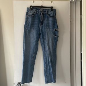 Nasty Gal/ Momokrom High Rise High Waisted Blue Denim Jean with distress detail
